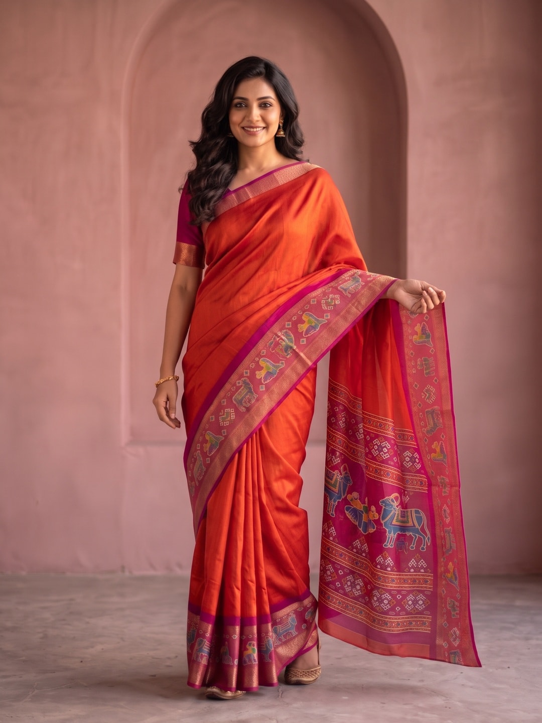 Peachmode Orange Pure Monroe Silk Saree With Bentex Jacquard And Digital Print Pallu - Image 1