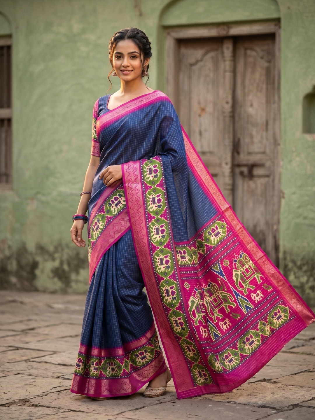 Peachmode Navy Blue Pure Dola Silk Saree With Bentex Chex Jacquard And Digital Print Elephant Pallu - Image 1