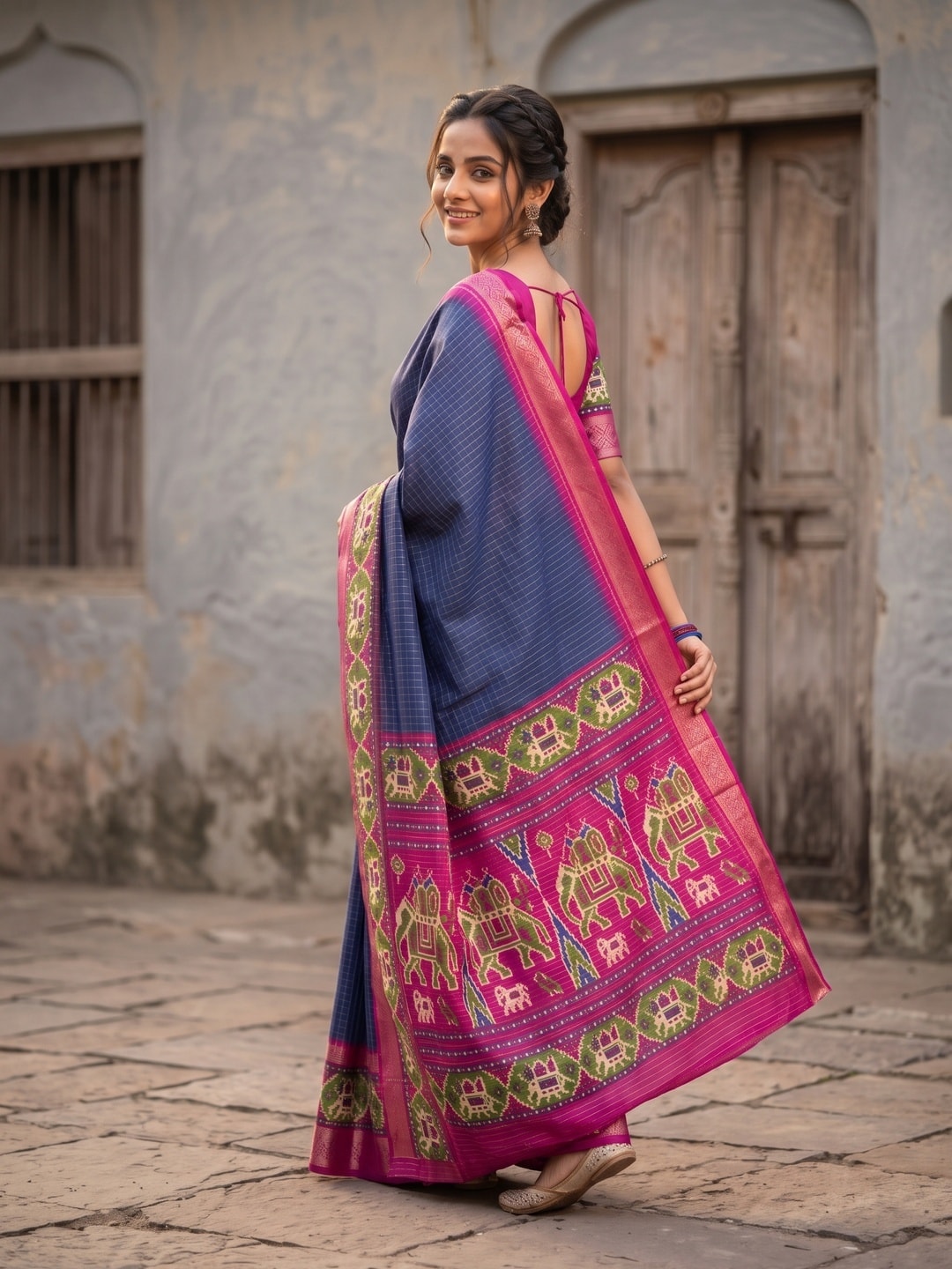 Peachmode Navy Blue Pure Dola Silk Saree With Bentex Chex Jacquard And Digital Print Elephant Pallu - Image 2