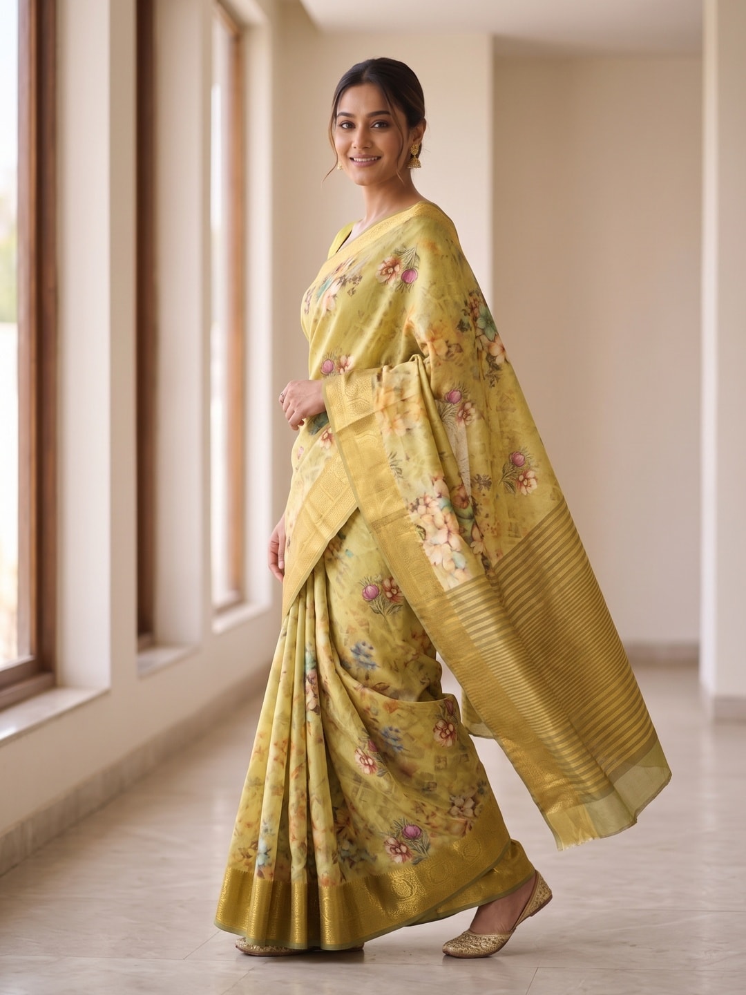 Peachmode Lime Pure Katan Silk Saree With Jacquard Weaving Pallu And Digital Floral Print - Image 3