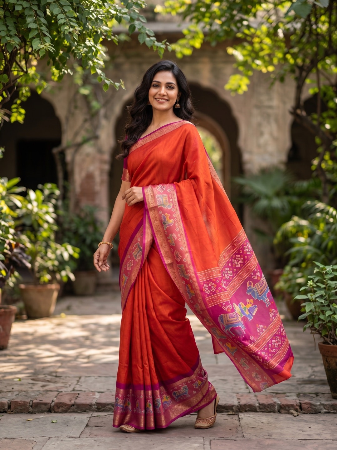Peachmode Orange Pure Monroe Silk Saree With Bentex Jacquard And Digital Print Pallu - Image 4