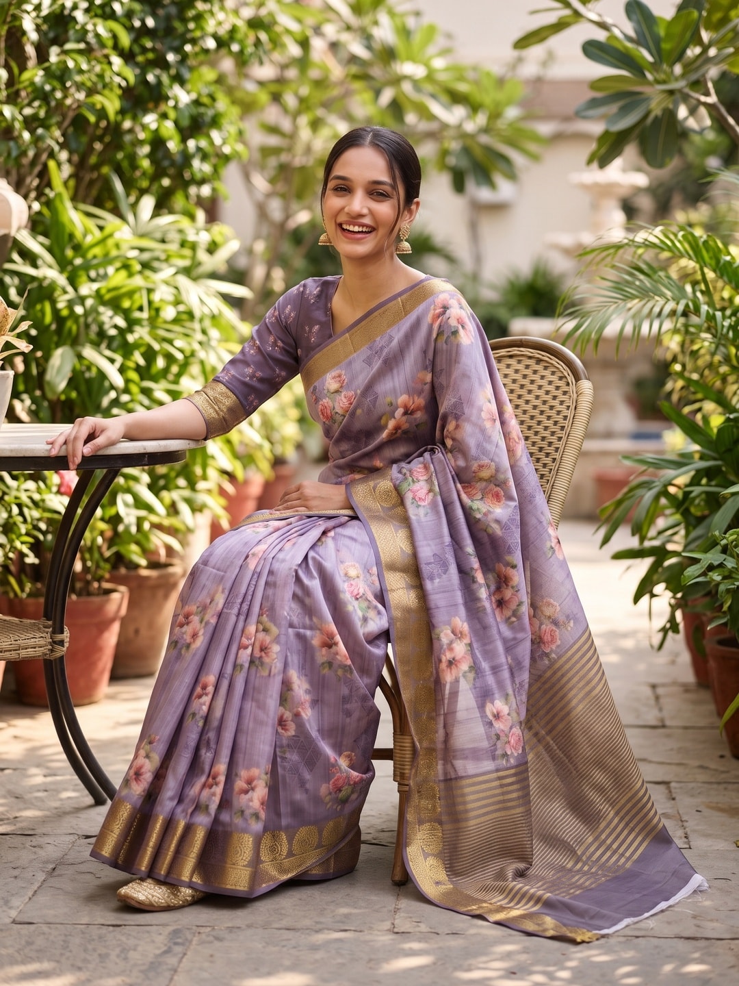 Peachmode Lavender Pure Katan Silk Saree With Jacquard Weaving Pallu And Digital Floral Print - Image 4