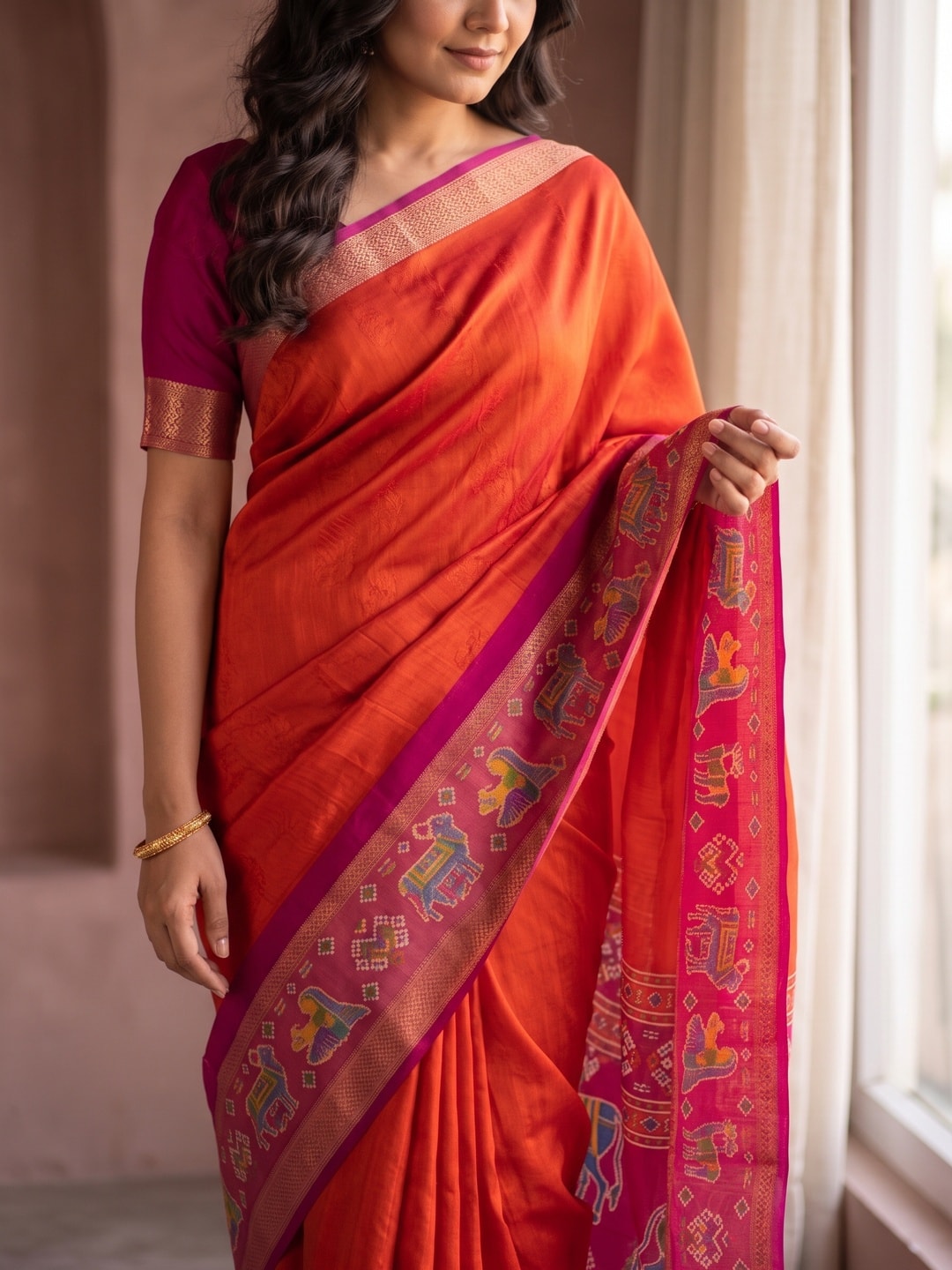 Peachmode Orange Pure Monroe Silk Saree With Bentex Jacquard And Digital Print Pallu - Image 5