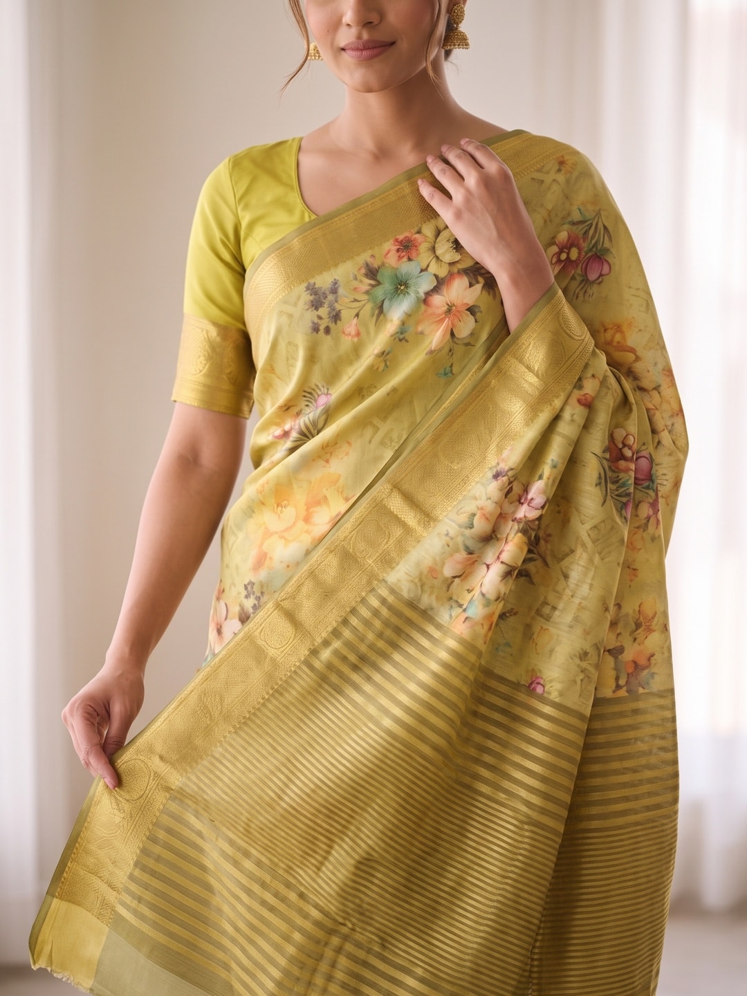 Peachmode Lime Pure Katan Silk Saree With Jacquard Weaving Pallu And Digital Floral Print - Image 5