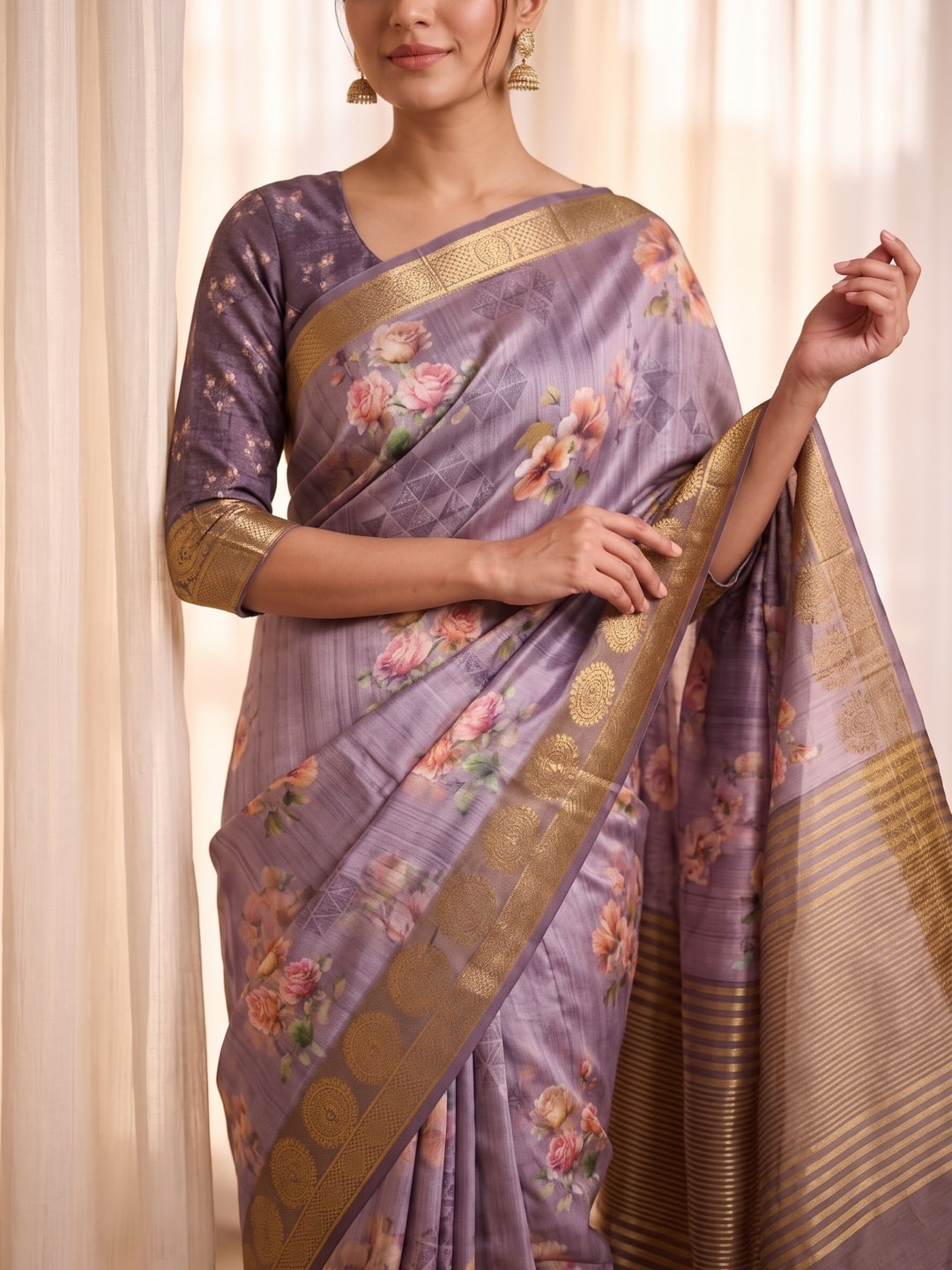 Peachmode Lavender Pure Katan Silk Saree With Jacquard Weaving Pallu And Digital Floral Print - Image 5