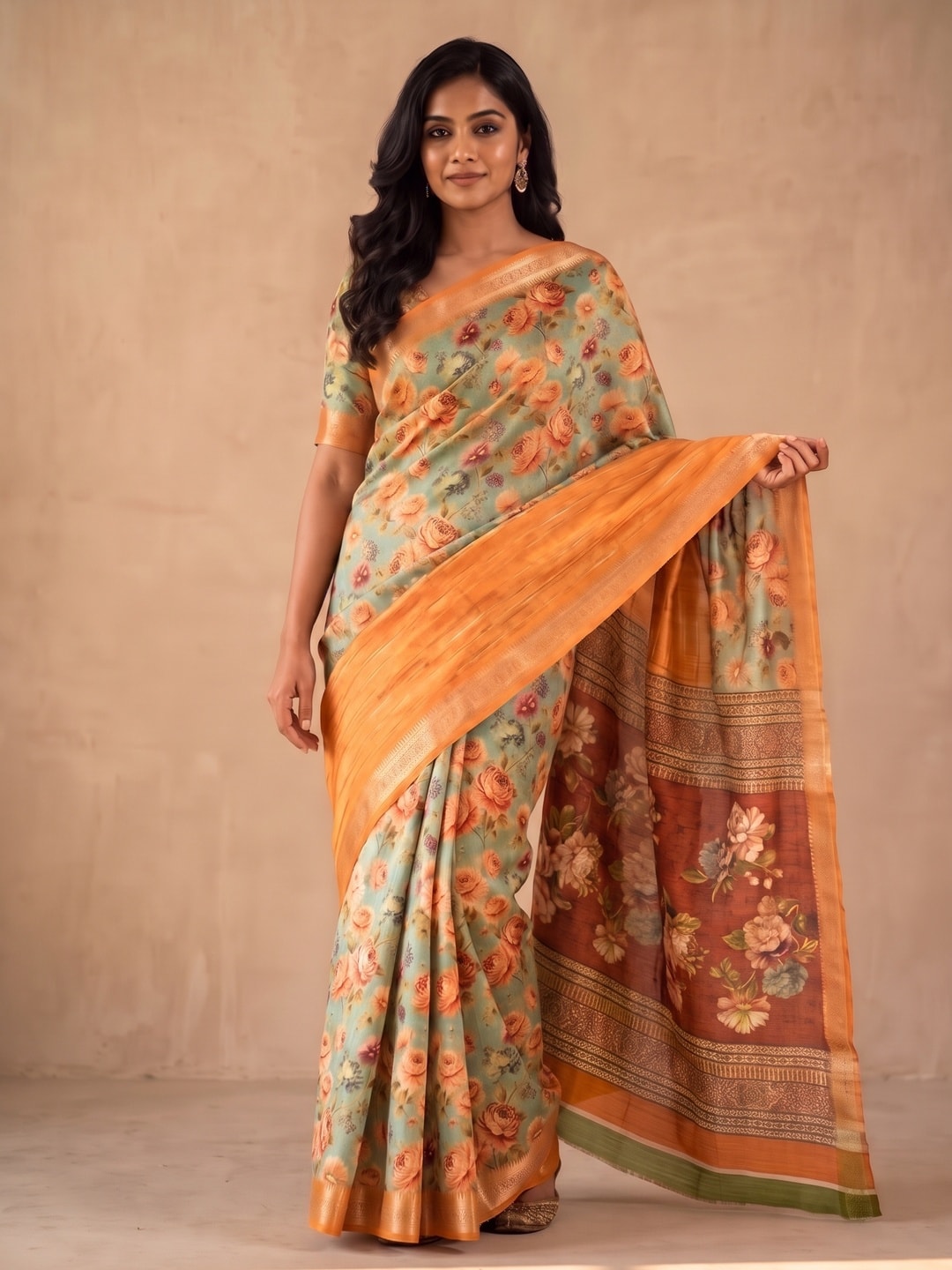 Peachmode Orange Pure Cotton Silk Saree With Bentex Jacquard And Digital Print Panel Design - Image 1