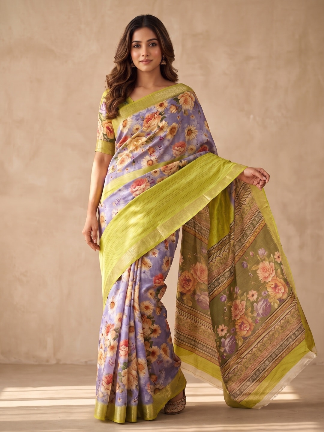 Peachmode Lime Pure Cotton Silk Saree With Bentex Jacquard And Digital Print Panel Design - Image 1