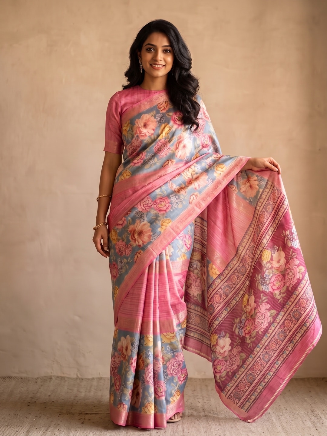 Peachmode Pink Pure Cotton Silk Saree With Bentex Jacquard And Digital Print Panel Design - Image 1