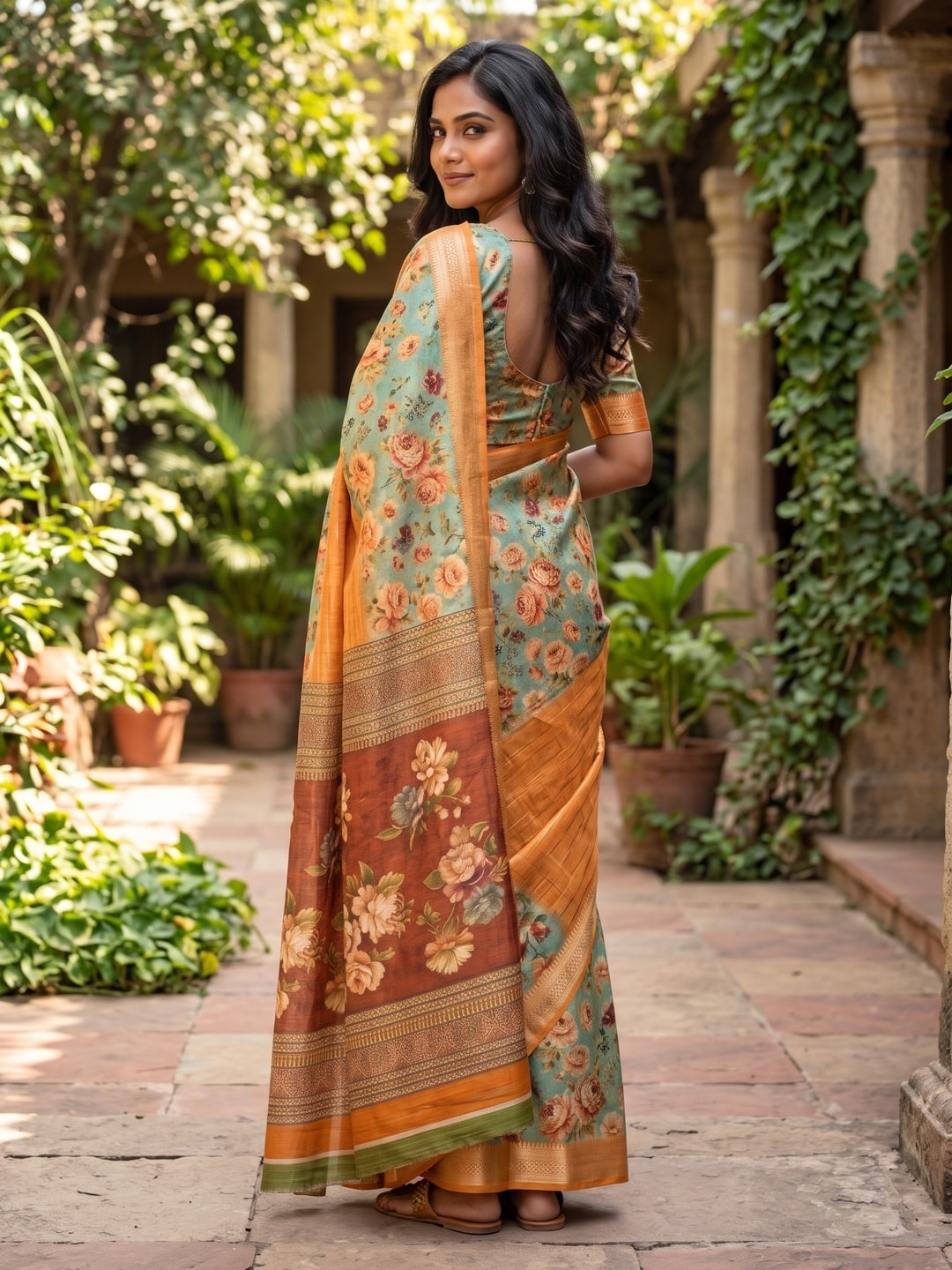 Peachmode Orange Pure Cotton Silk Saree With Bentex Jacquard And Digital Print Panel Design - Image 2