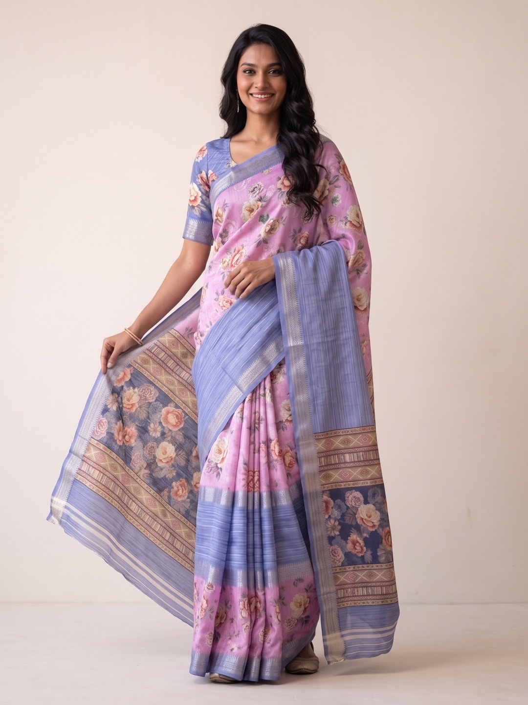 Peachmode Orchid Pure Cotton Silk Saree With Bentex Jacquard And Digital Print Panel Design - Image 1