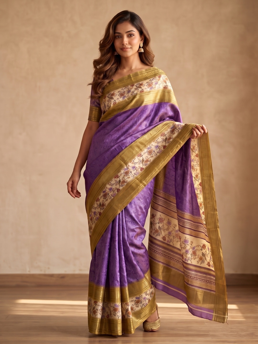 Peachmode Purple Pure Cotton Silk Saree With Bentex Jacquard And Digital Print Panel Design - Image 1