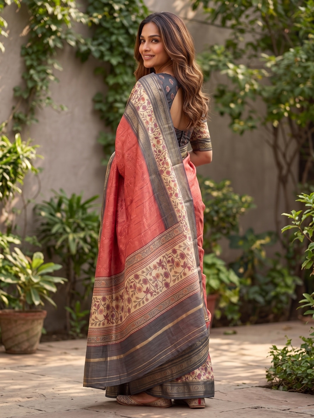 Peachmode Coral Pure Cotton Silk Saree With Bentex Jacquard And Digital Print Panel Design - Image 2