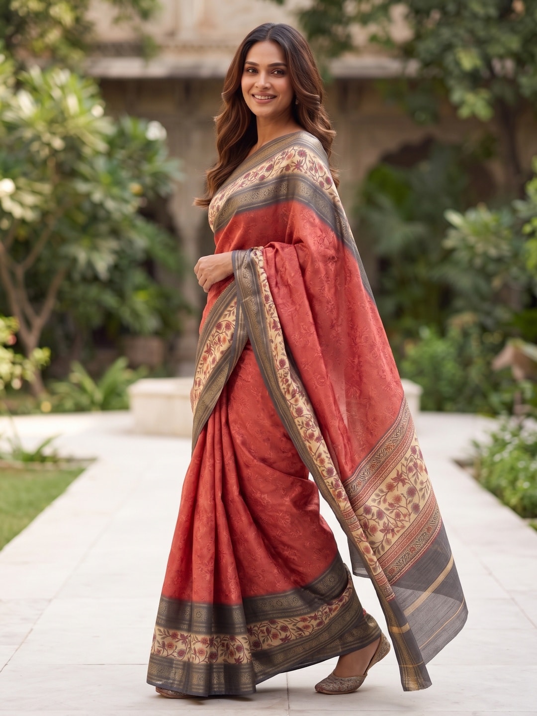 Peachmode Coral Pure Cotton Silk Saree With Bentex Jacquard And Digital Print Panel Design - Image 3
