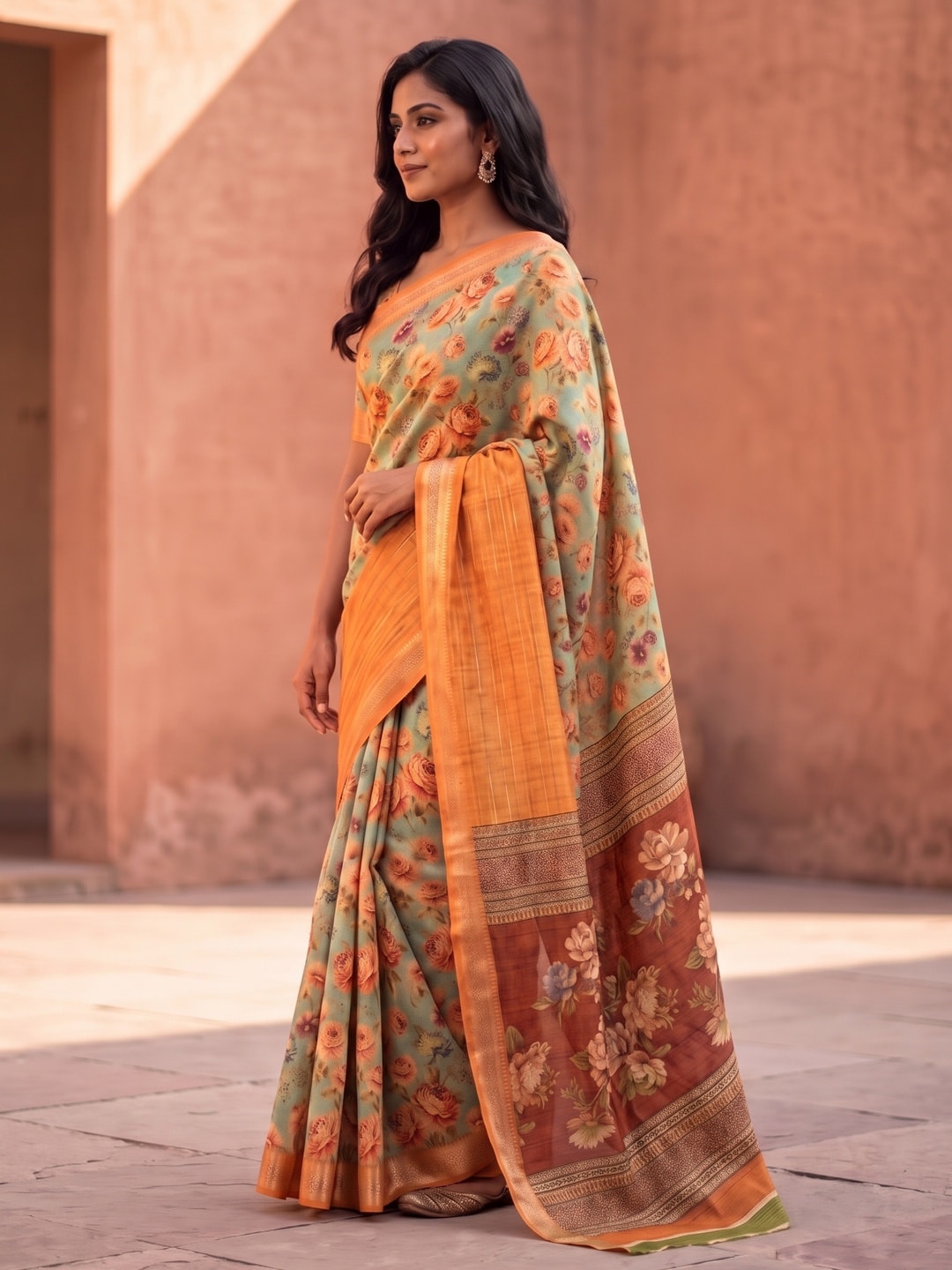 Peachmode Orange Pure Cotton Silk Saree With Bentex Jacquard And Digital Print Panel Design - Image 3