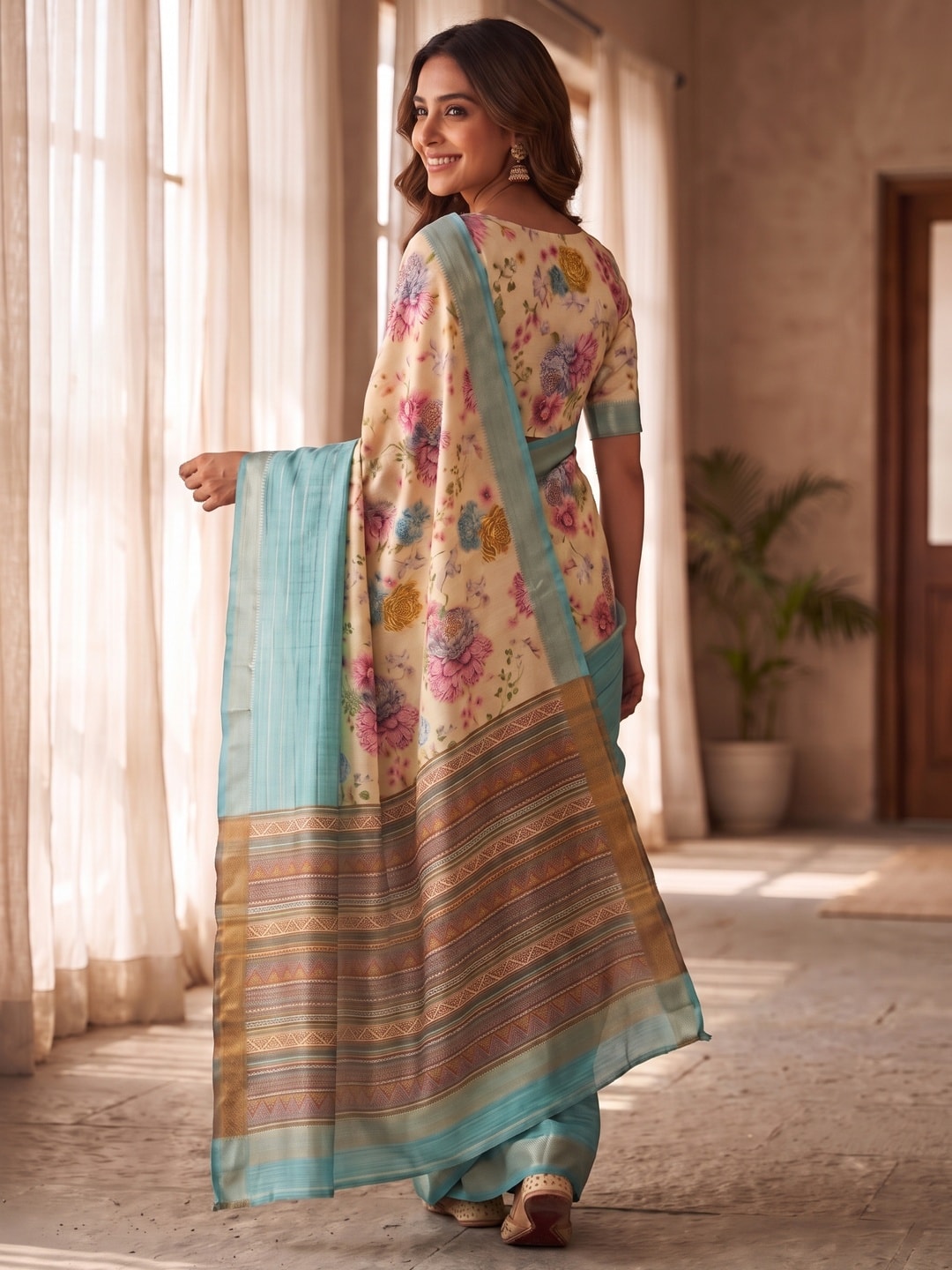 Peachmode Aqua Pure Cotton Silk Saree With Bentex Jacquard And Digital Print Panel Design - Image 2