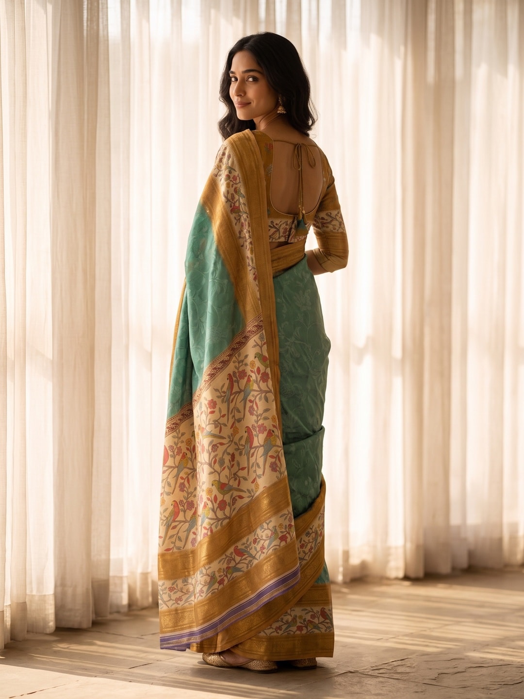 Peachmode Teal Pure Cotton Silk Saree With Bentex Jacquard And Digital Print Panel Design - Image 2