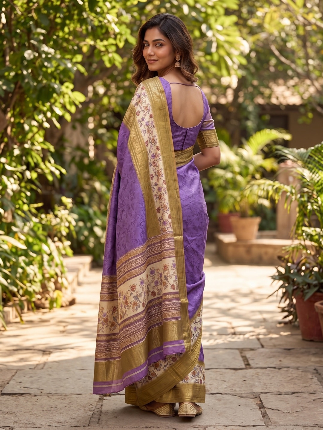 Peachmode Purple Pure Cotton Silk Saree With Bentex Jacquard And Digital Print Panel Design - Image 2