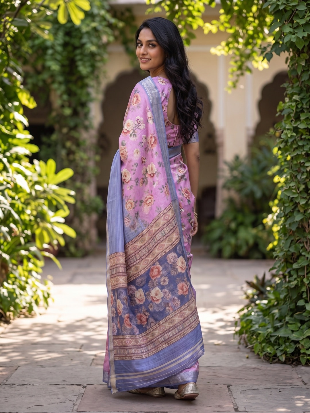 Peachmode Orchid Pure Cotton Silk Saree With Bentex Jacquard And Digital Print Panel Design - Image 2