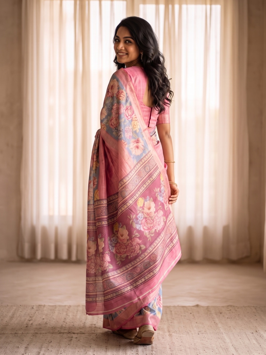 Peachmode Pink Pure Cotton Silk Saree With Bentex Jacquard And Digital Print Panel Design - Image 2