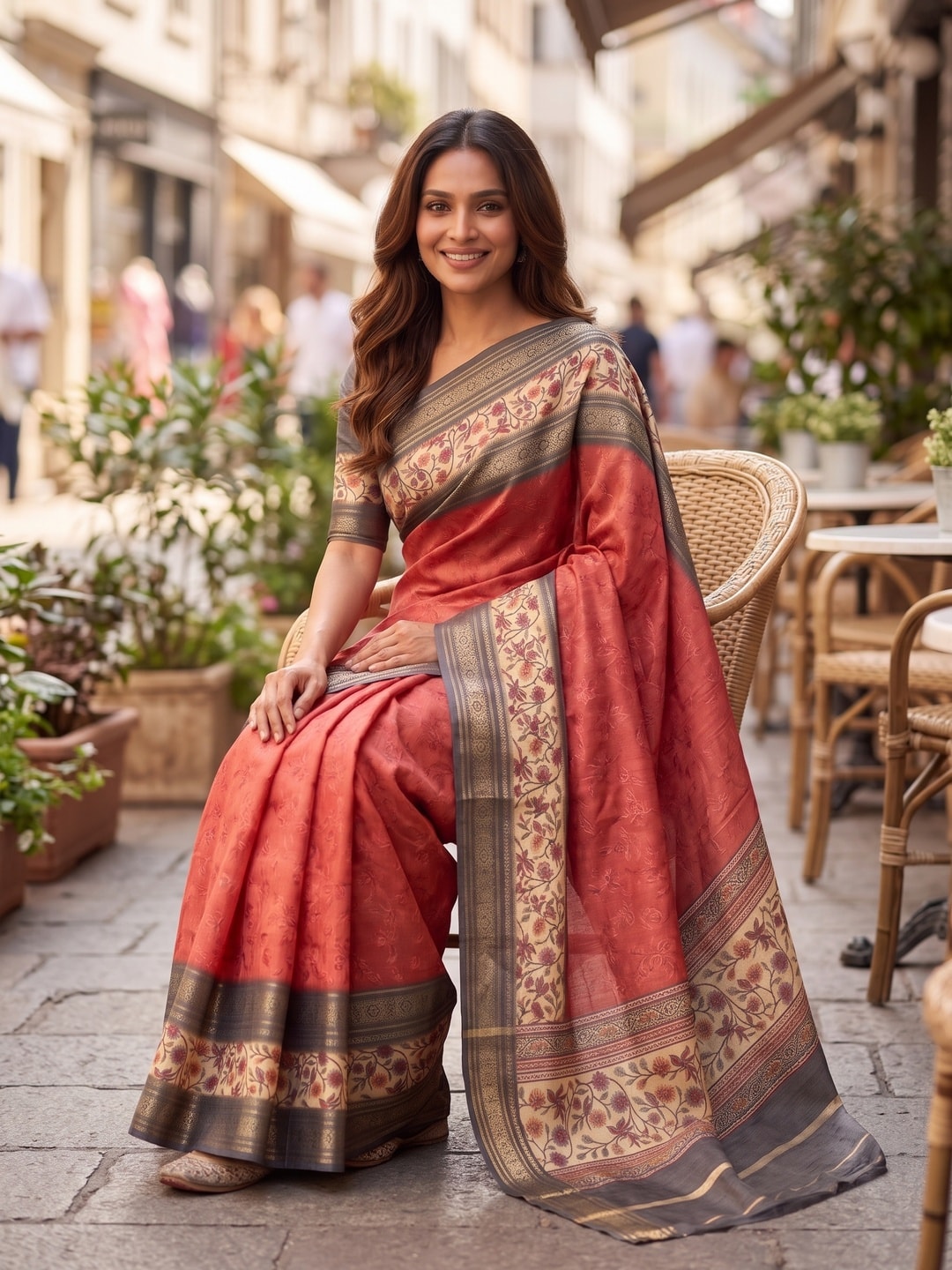 Peachmode Coral Pure Cotton Silk Saree With Bentex Jacquard And Digital Print Panel Design - Image 4