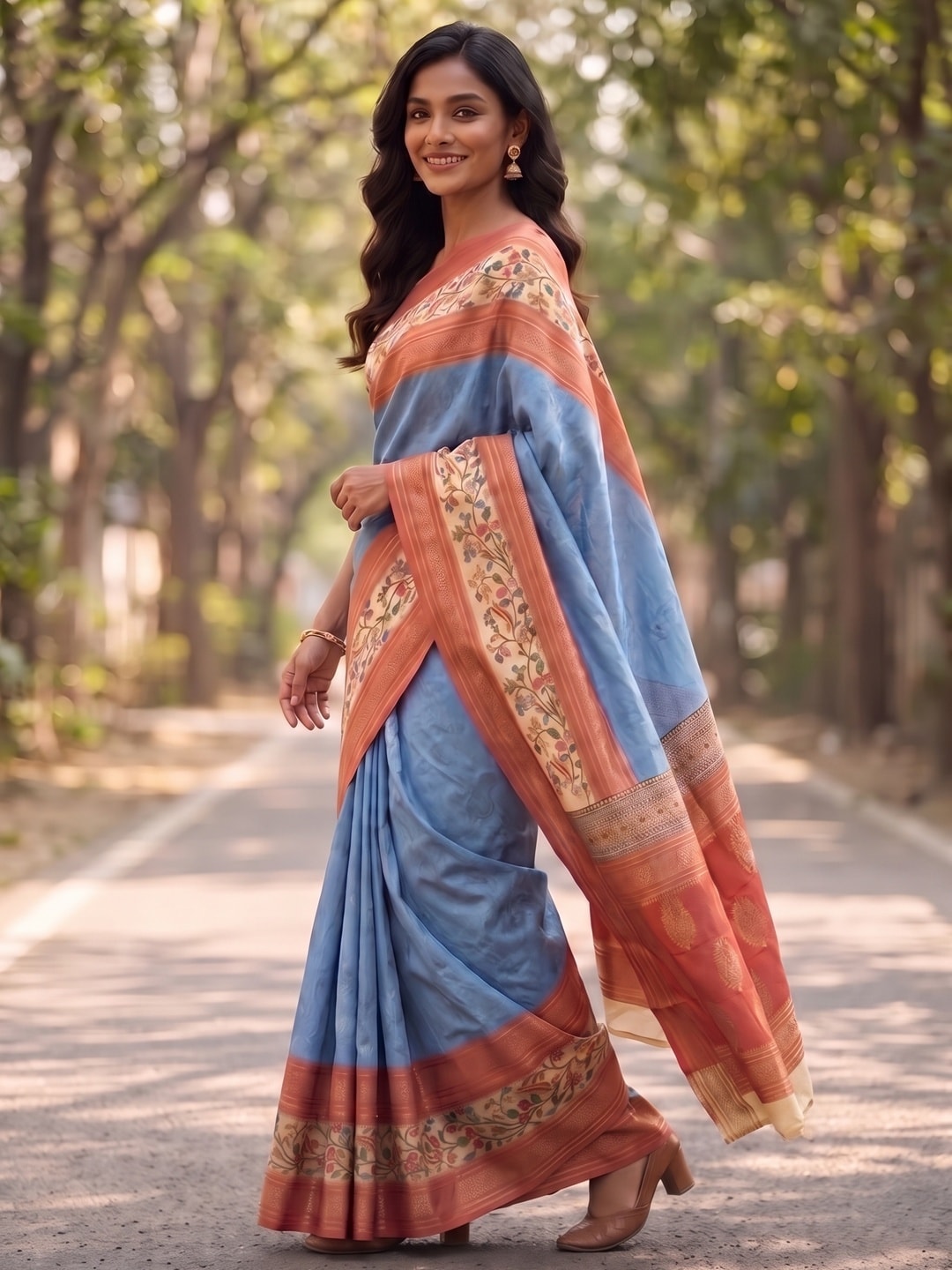 Peachmode Blue Pure Cotton Silk Saree With Bentex Jacquard And Digital Print Panel Design - Image 3