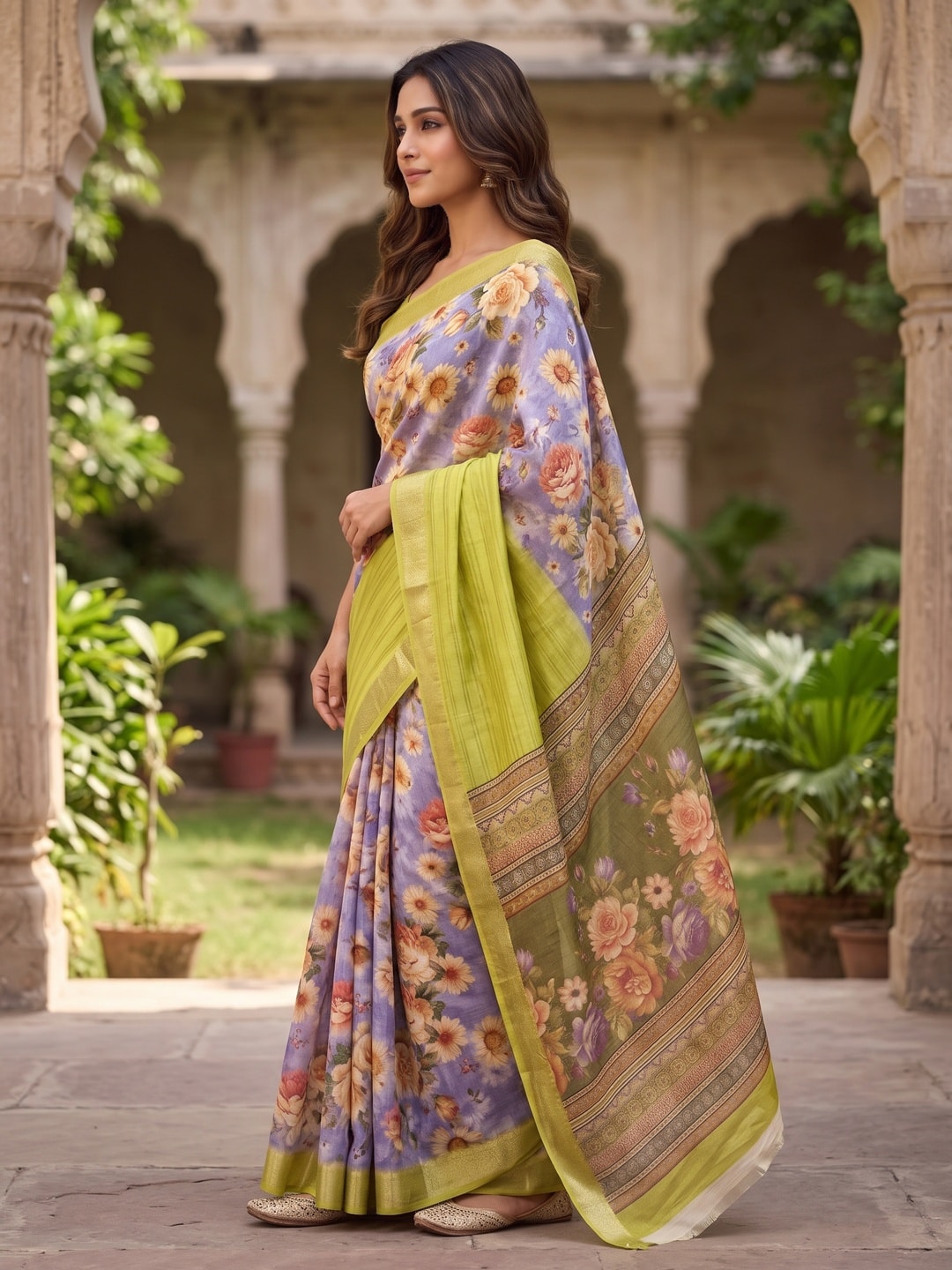 Peachmode Lime Pure Cotton Silk Saree With Bentex Jacquard And Digital Print Panel Design - Image 3