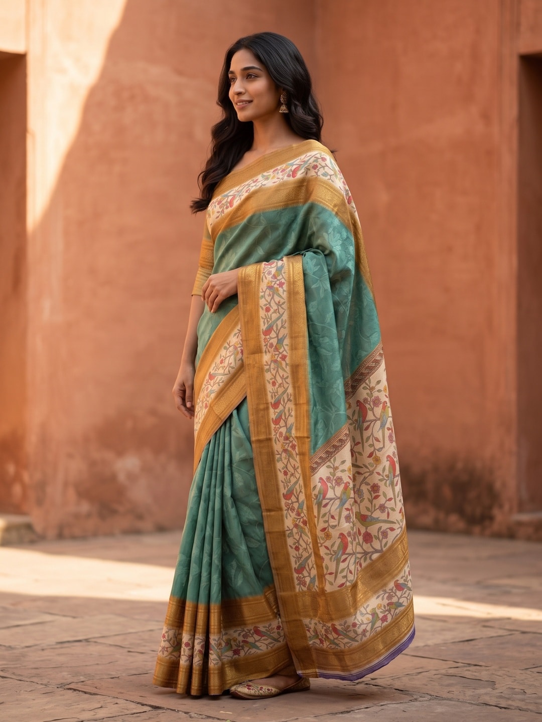 Peachmode Teal Pure Cotton Silk Saree With Bentex Jacquard And Digital Print Panel Design - Image 3