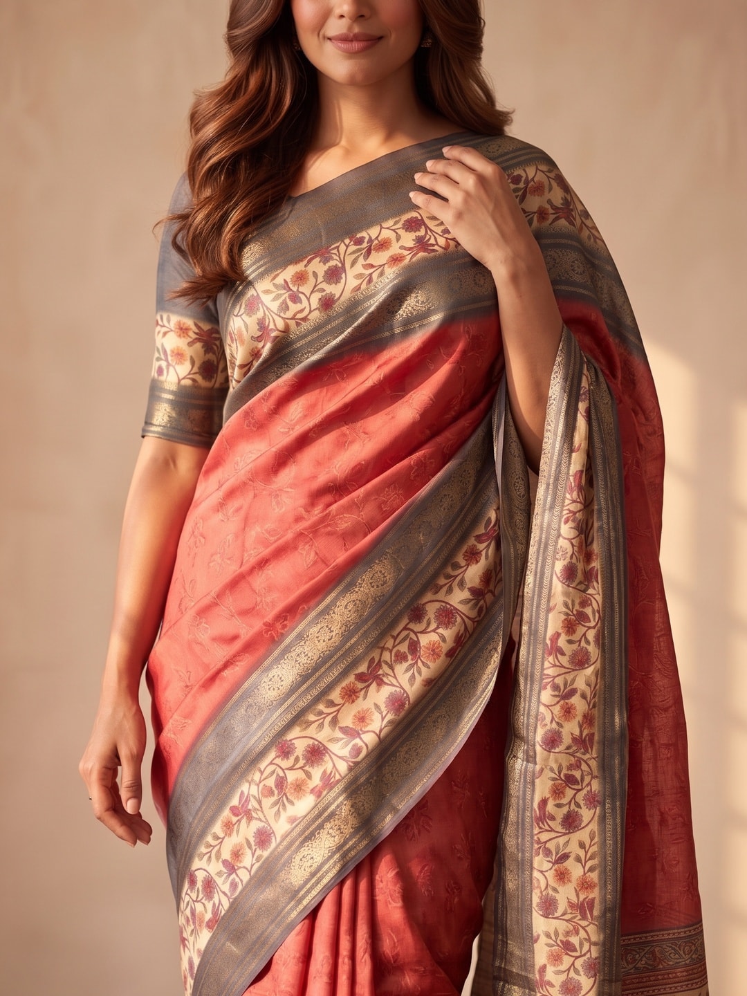 Peachmode Coral Pure Cotton Silk Saree With Bentex Jacquard And Digital Print Panel Design - Image 5