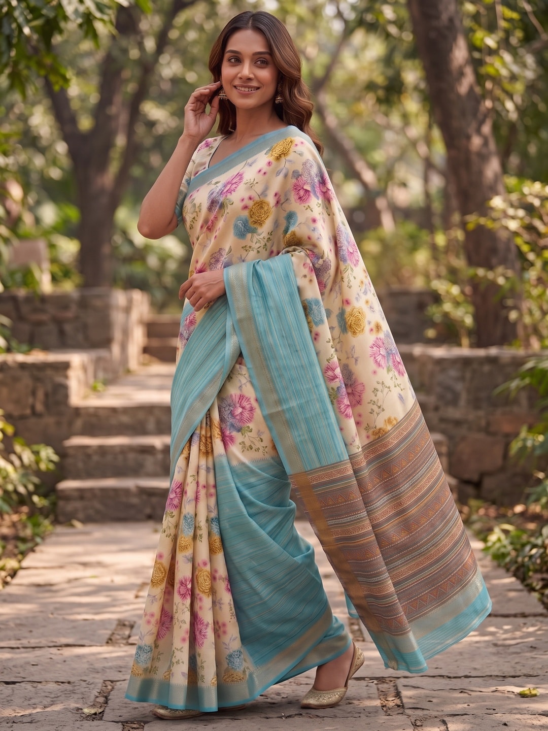 Peachmode Aqua Pure Cotton Silk Saree With Bentex Jacquard And Digital Print Panel Design - Image 4