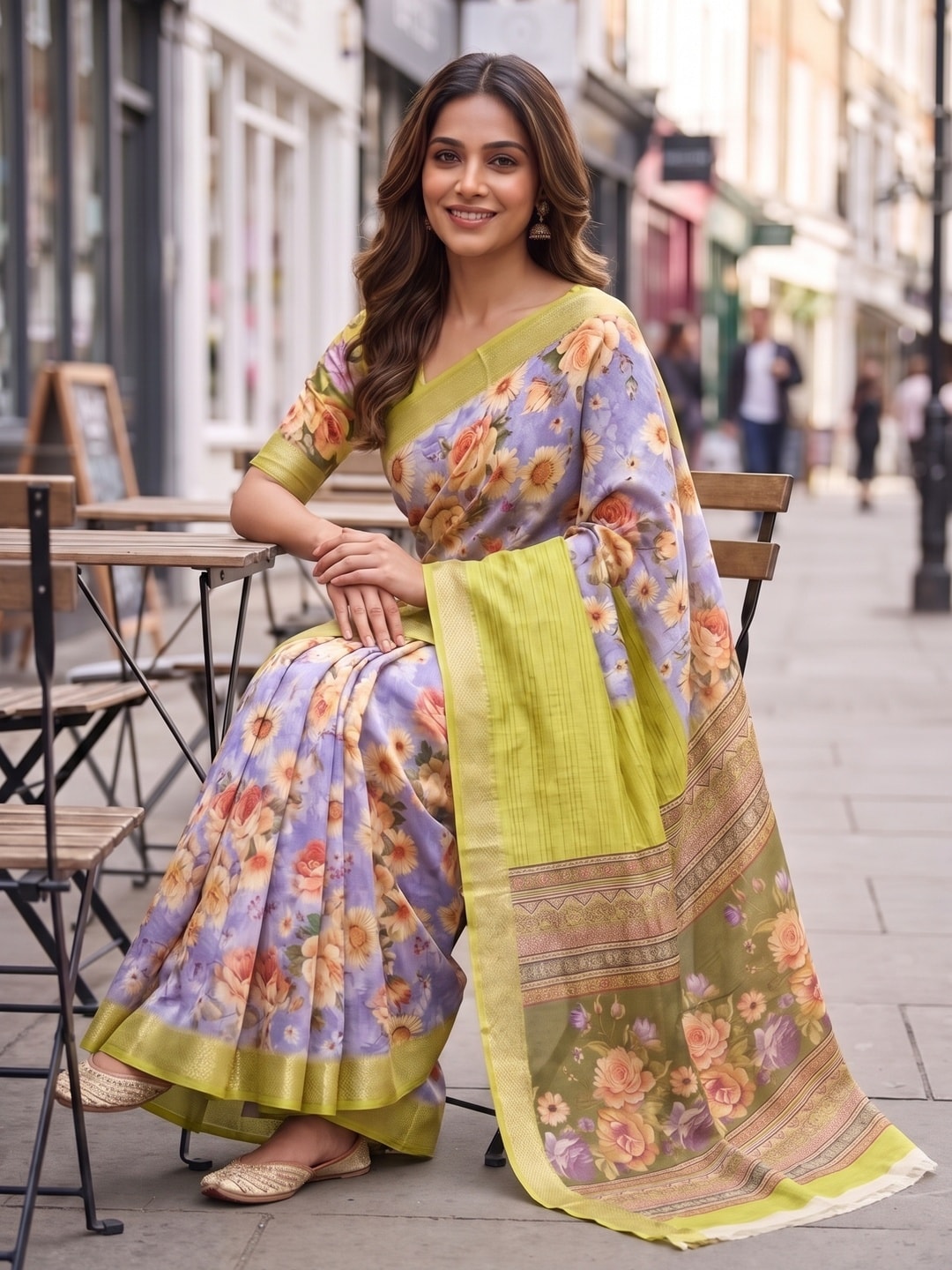 Peachmode Lime Pure Cotton Silk Saree With Bentex Jacquard And Digital Print Panel Design - Image 4
