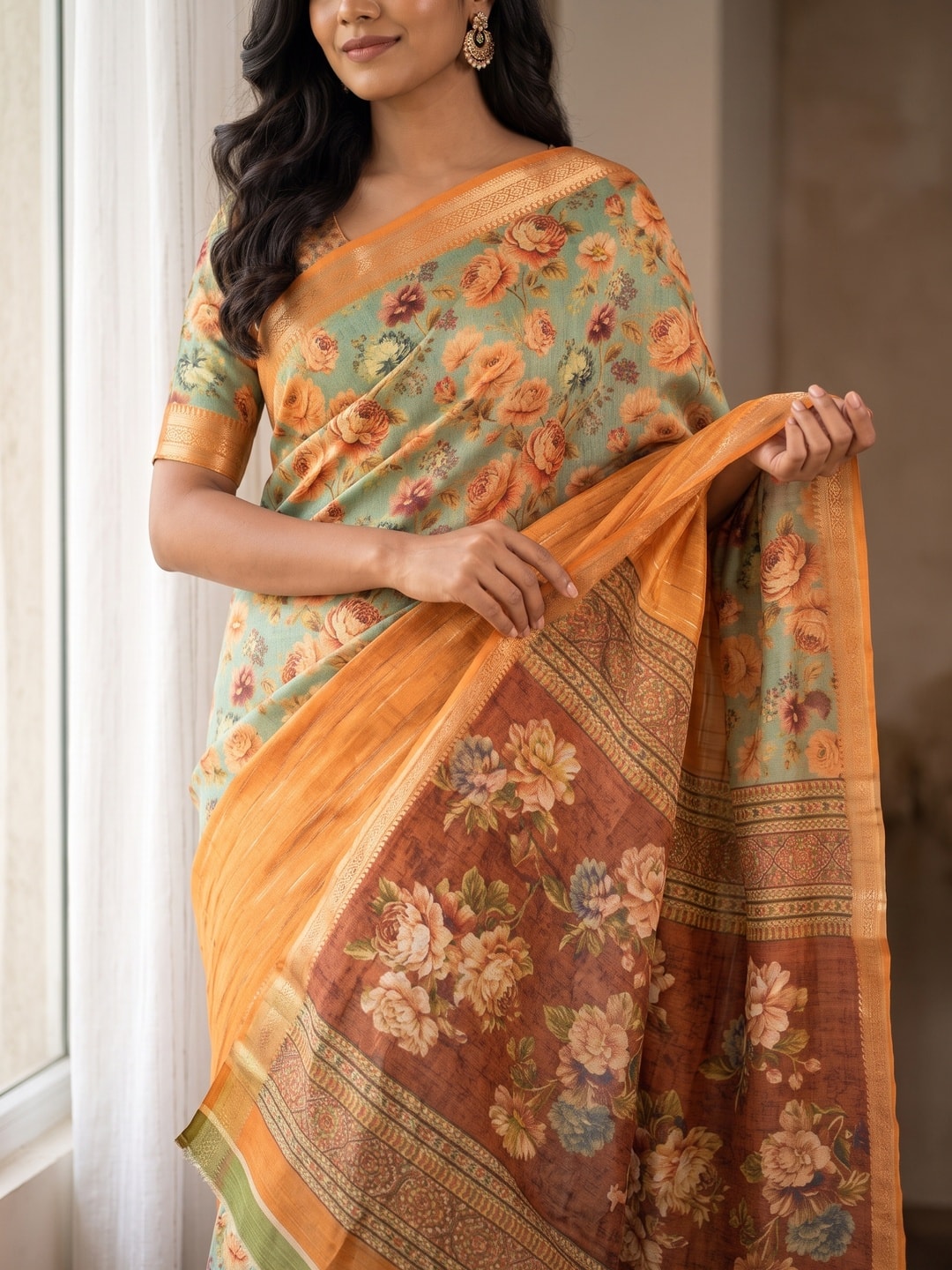 Peachmode Orange Pure Cotton Silk Saree With Bentex Jacquard And Digital Print Panel Design - Image 5