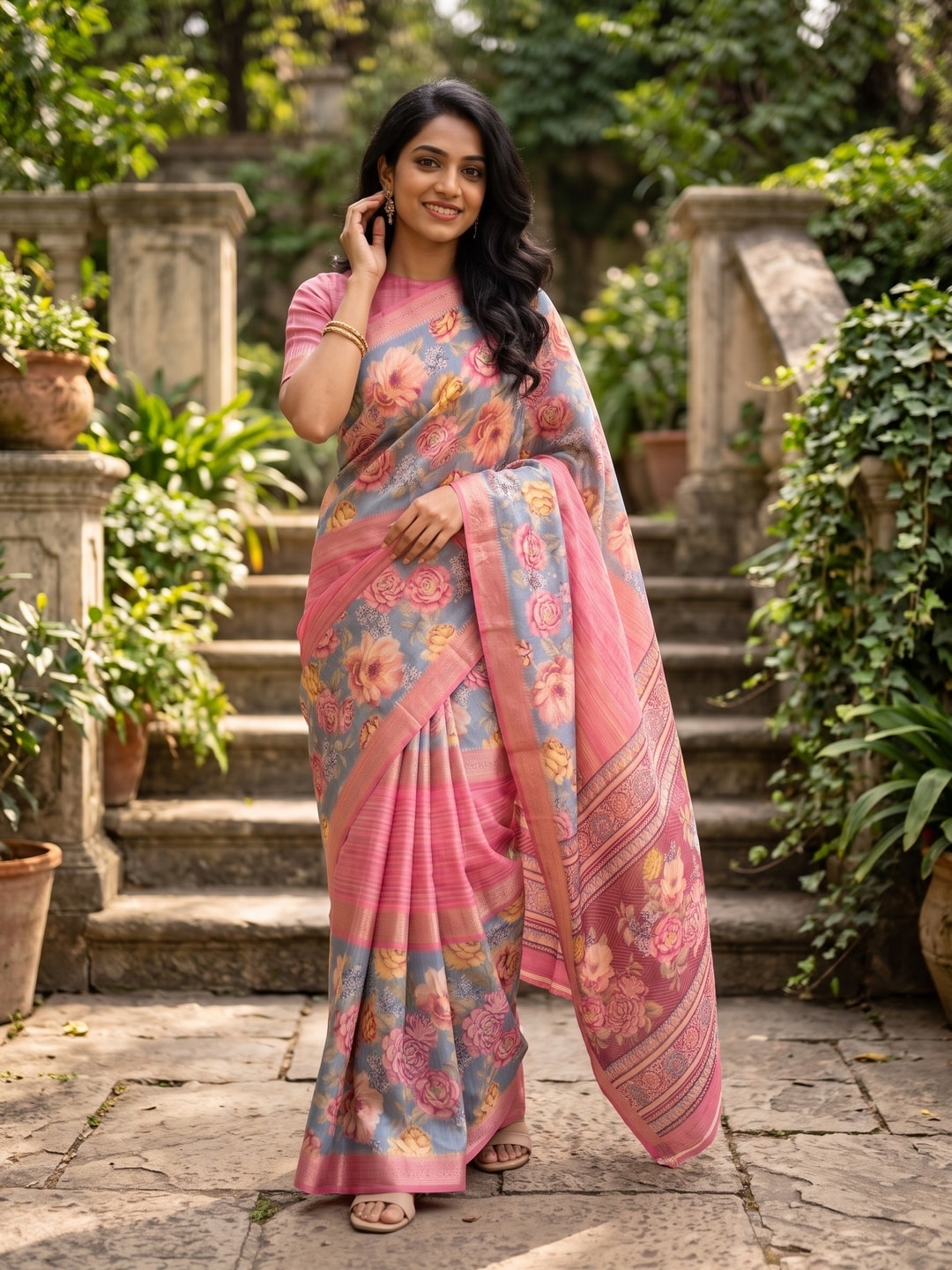 Peachmode Pink Pure Cotton Silk Saree With Bentex Jacquard And Digital Print Panel Design - Image 4