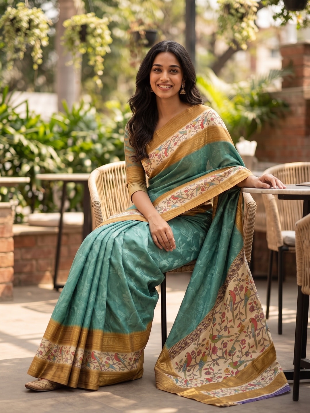 Peachmode Teal Pure Cotton Silk Saree With Bentex Jacquard And Digital Print Panel Design - Image 4