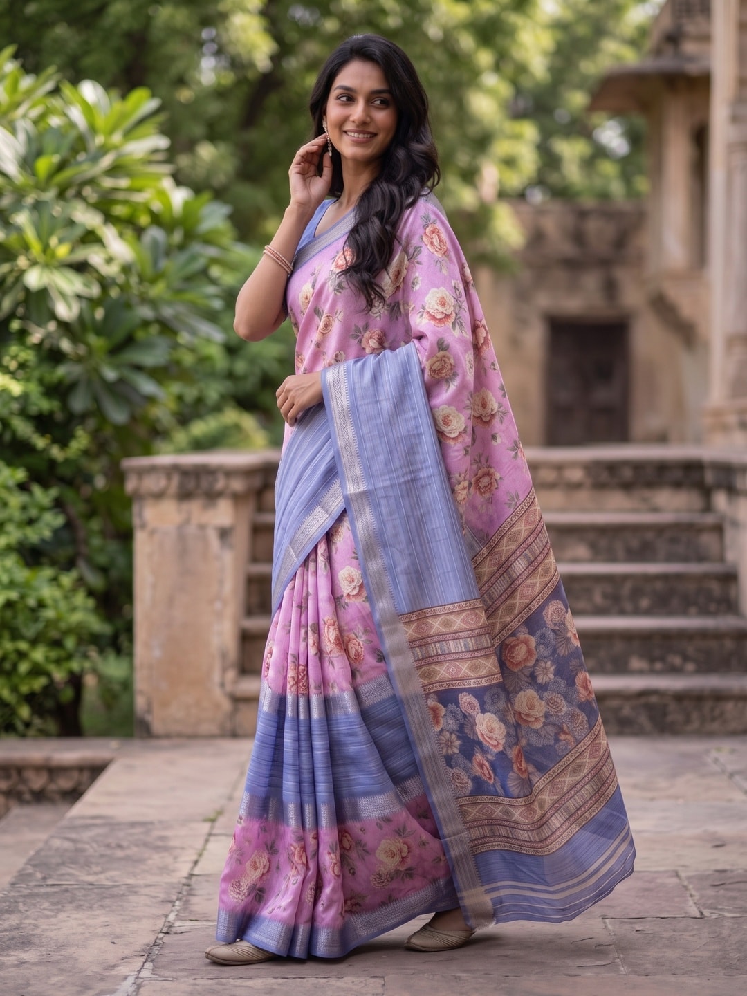 Peachmode Orchid Pure Cotton Silk Saree With Bentex Jacquard And Digital Print Panel Design - Image 4