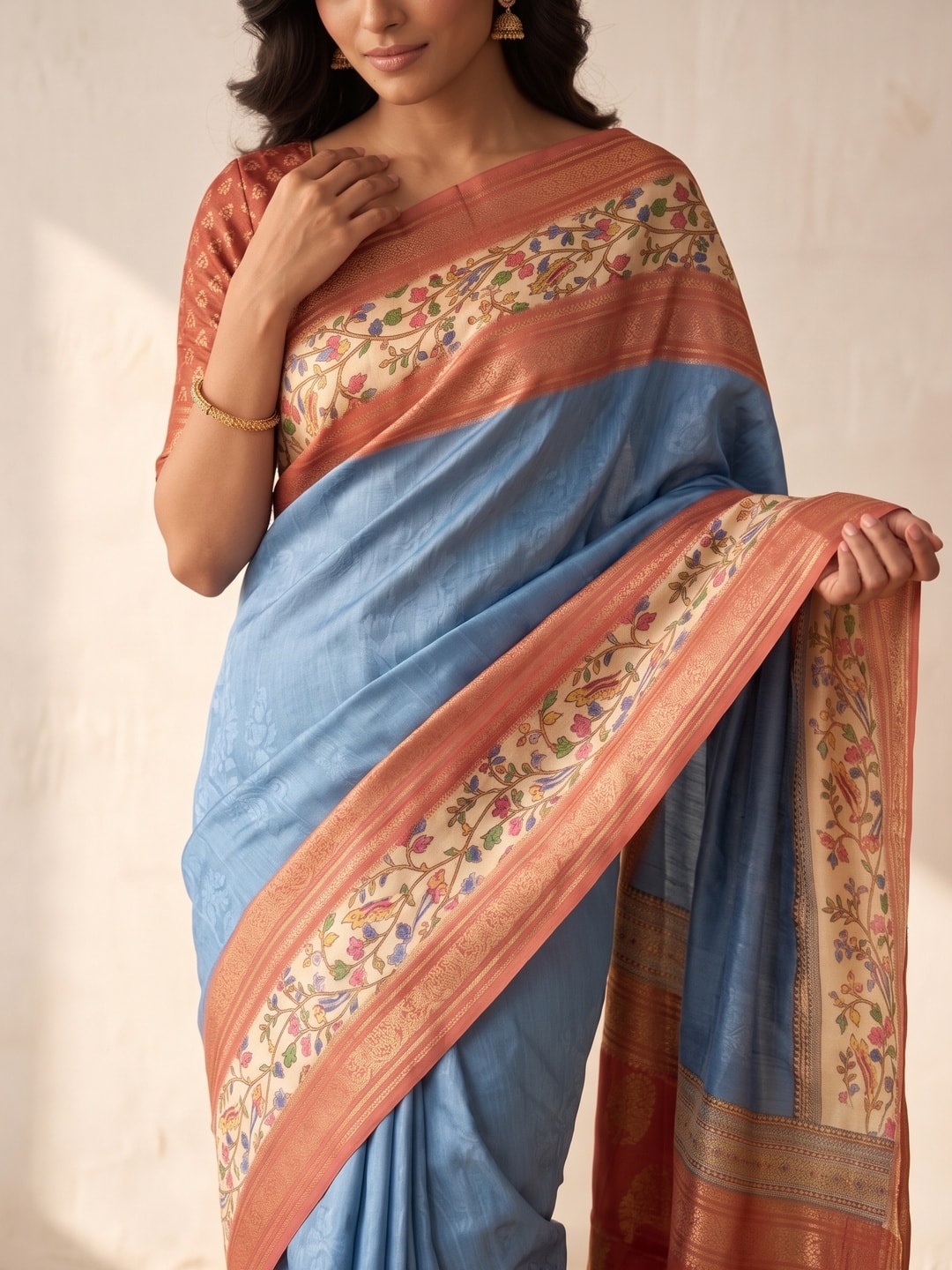 Peachmode Blue Pure Cotton Silk Saree With Bentex Jacquard And Digital Print Panel Design - Image 5
