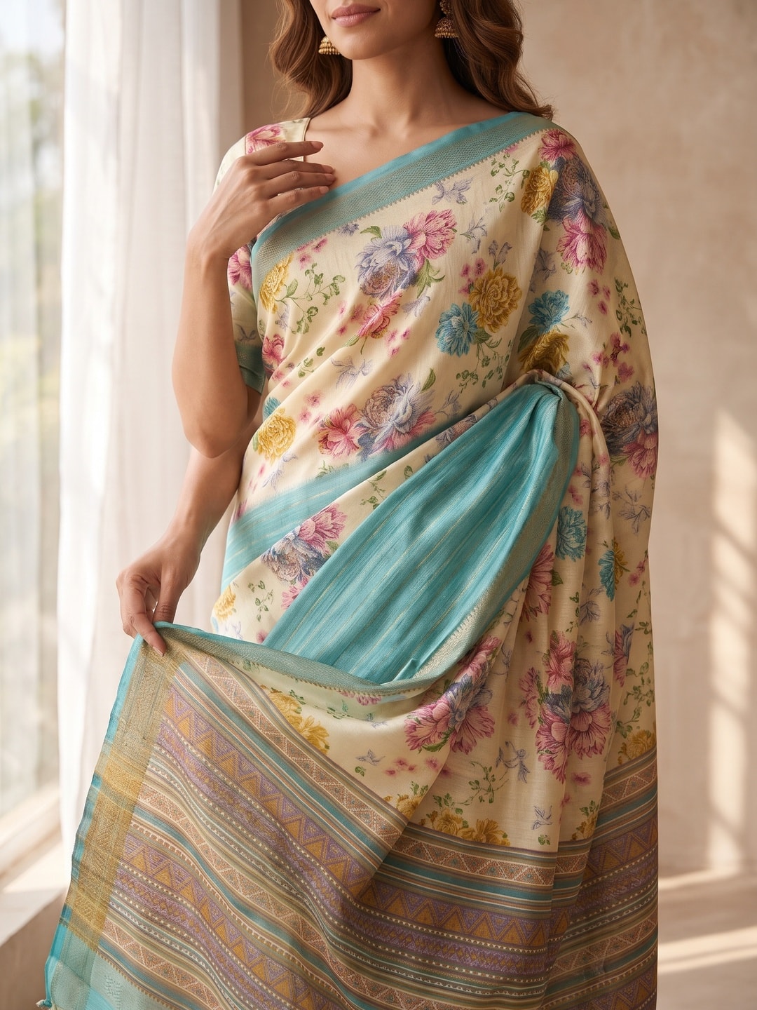 Peachmode Aqua Pure Cotton Silk Saree With Bentex Jacquard And Digital Print Panel Design - Image 5