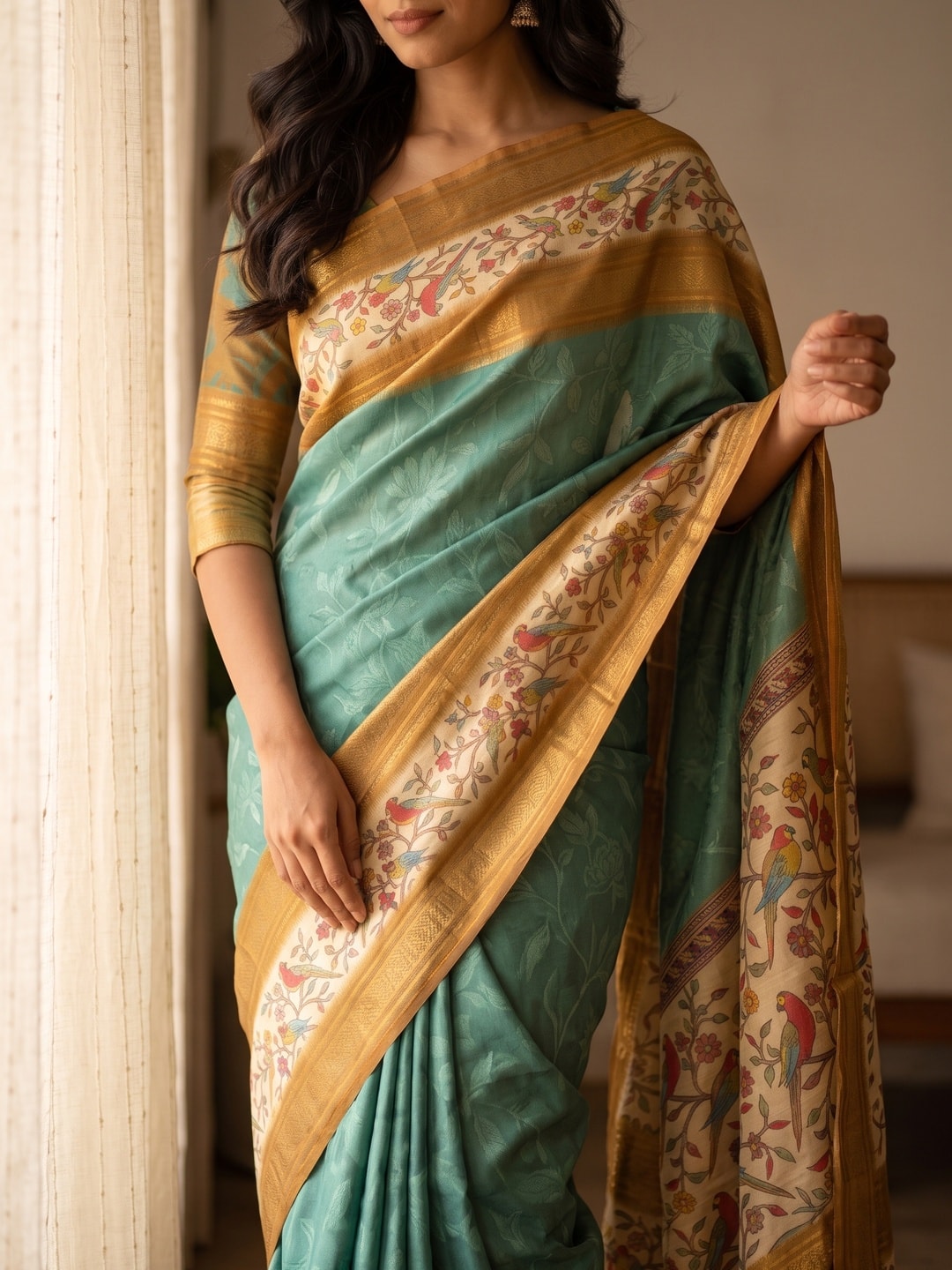 Peachmode Teal Pure Cotton Silk Saree With Bentex Jacquard And Digital Print Panel Design - Image 5