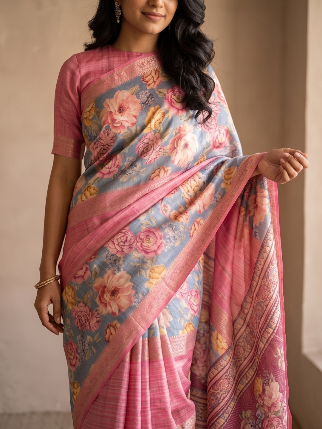 Peachmode Pink Pure Cotton Silk Saree With Bentex Jacquard And Digital Print Panel Design - Image 5