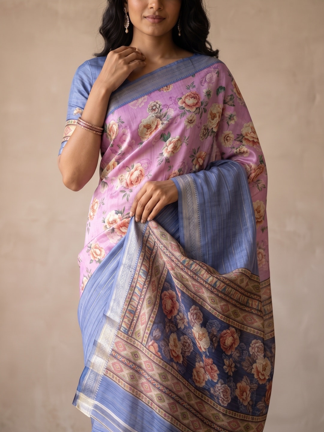 Peachmode Orchid Pure Cotton Silk Saree With Bentex Jacquard And Digital Print Panel Design - Image 5