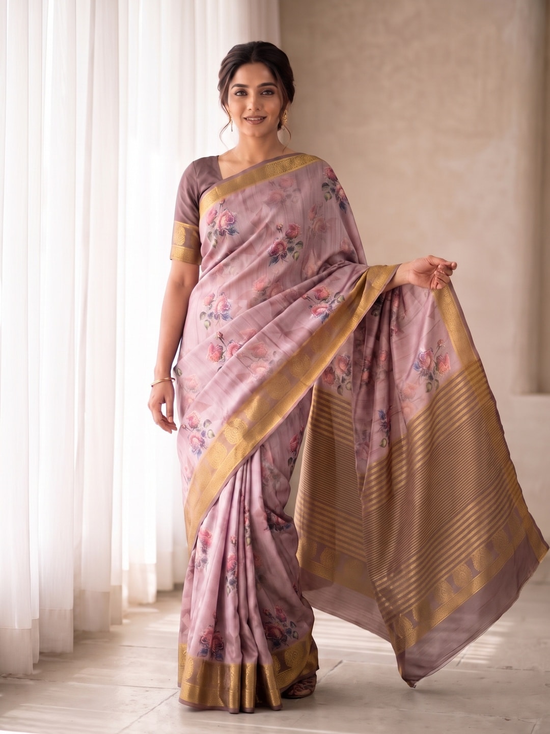 Peachmode Mauve Pure Katan Silk Saree With Jacquard Weaving Pallu And Digital Floral Print - Image 1