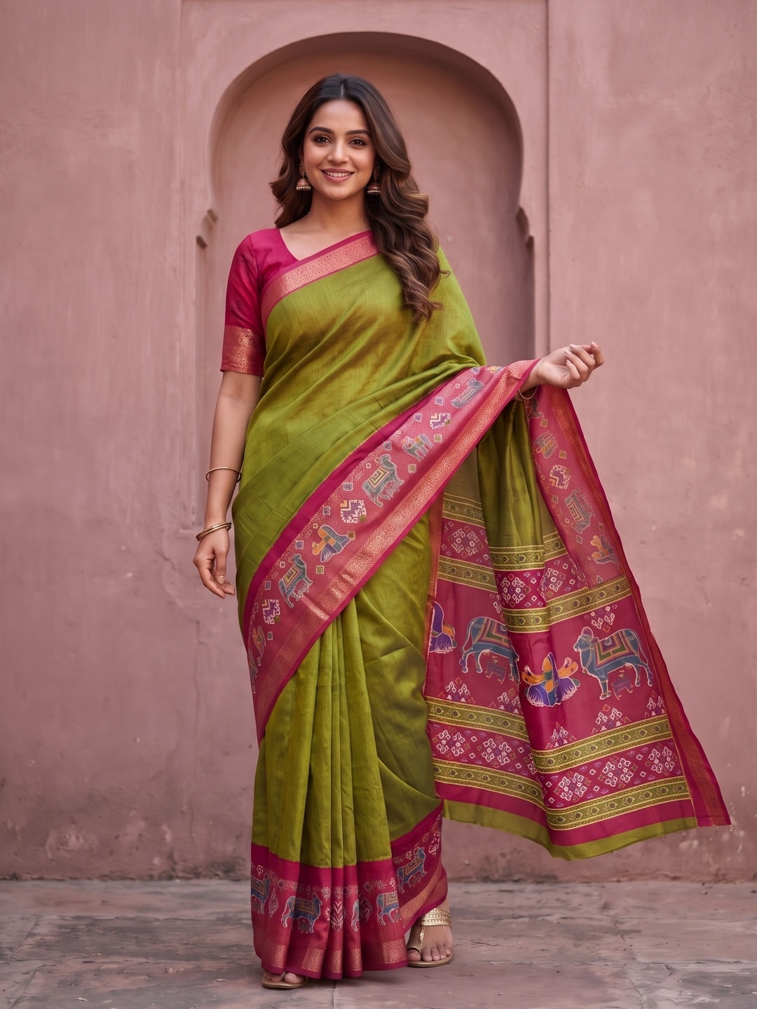 Peachmode Olive Pure Monroe Silk Saree With Bentex Jacquard And Digital Print Pallu - Image 1