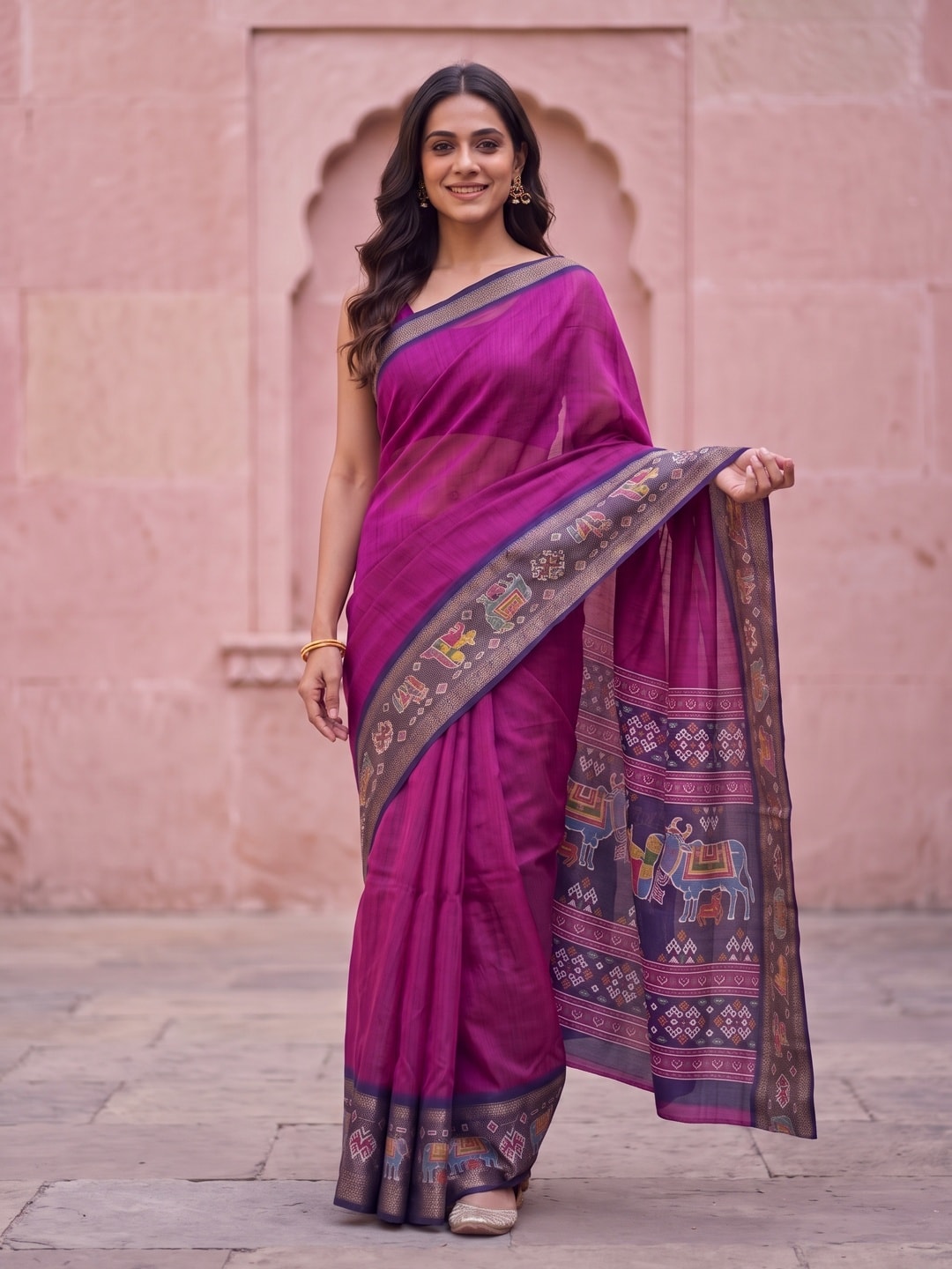 Peachmode Magenta Pure Monroe Silk Saree With Bentex Jacquard And Digital Print Pallu - Image 1