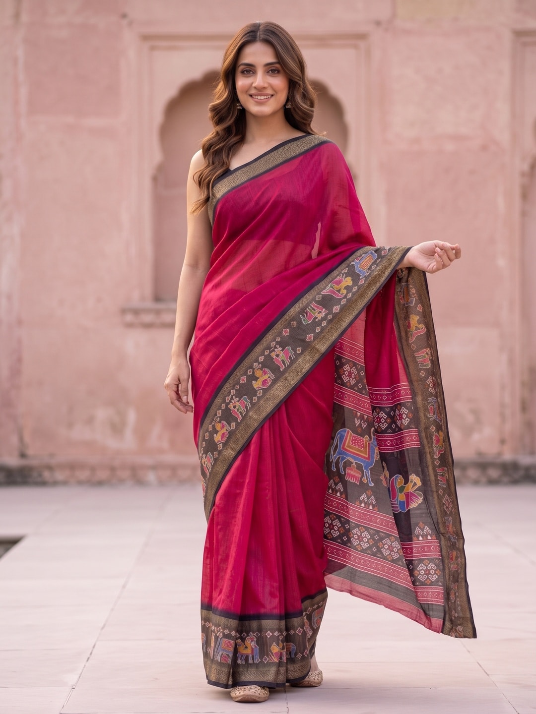 Peachmode Rani Pure Monroe Silk Saree With Bentex Jacquard And Digital Print Pallu - Image 1