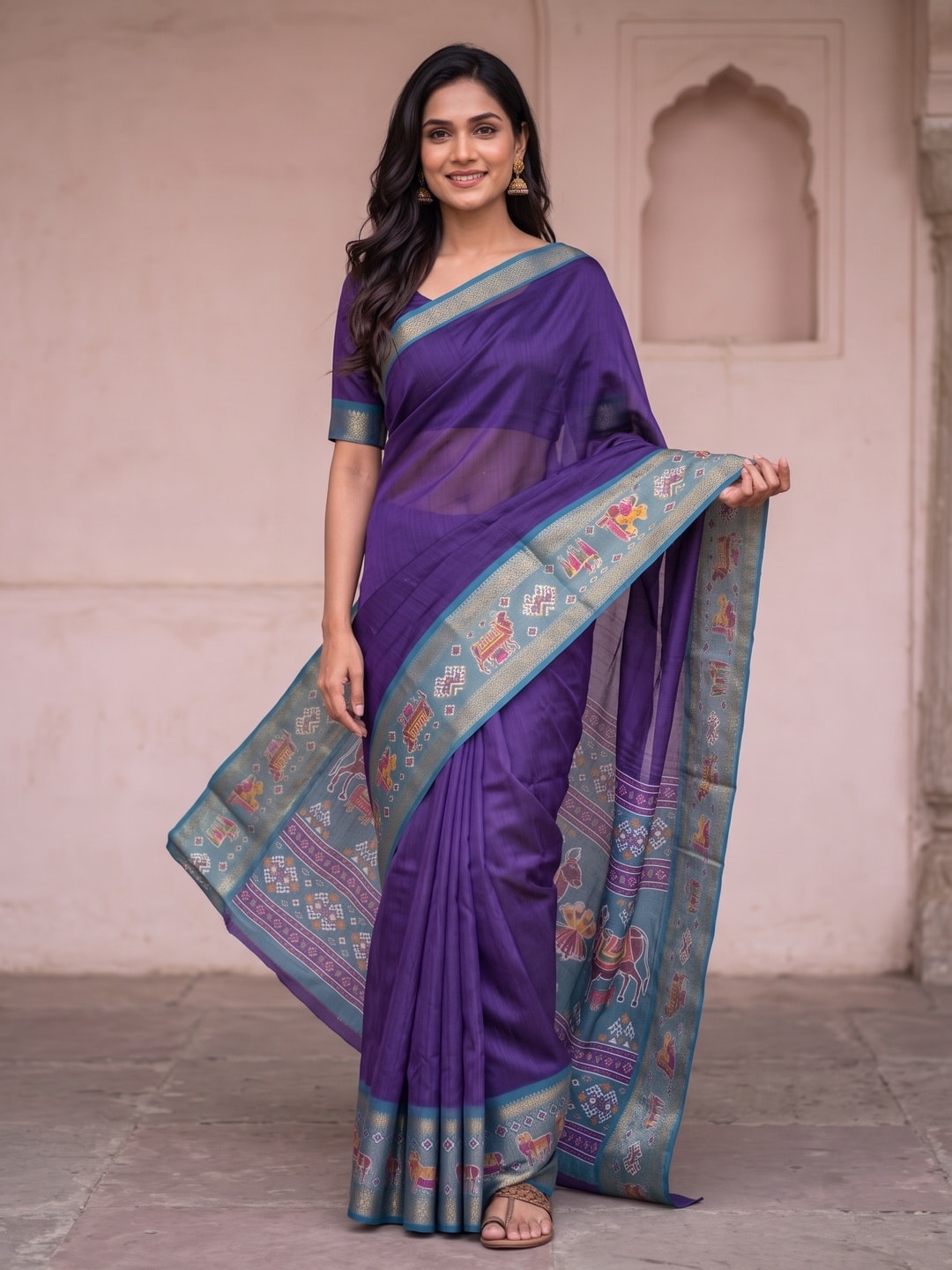 Peachmode Purple Pure Monroe Silk Saree With Bentex Jacquard And Digital Print Pallu - Image 1