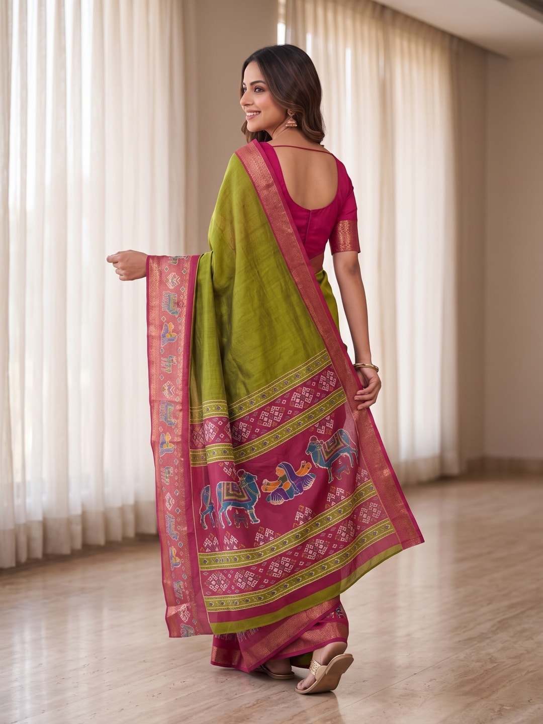 Peachmode Olive Pure Monroe Silk Saree With Bentex Jacquard And Digital Print Pallu - Image 2