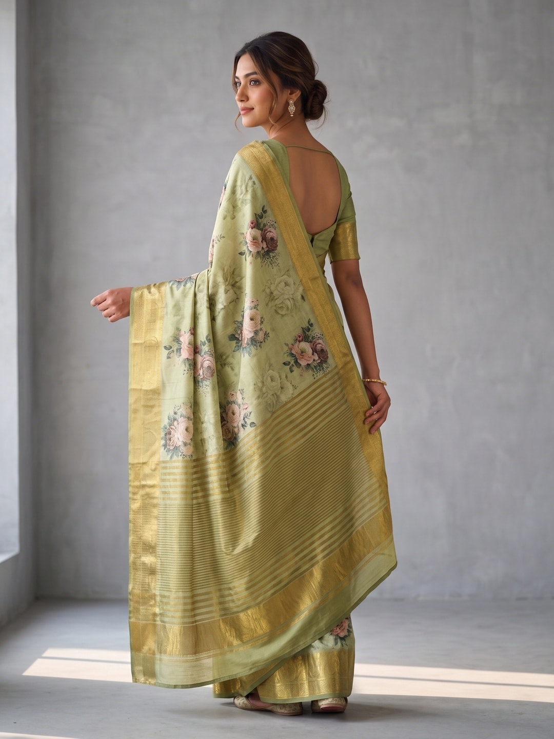 Peachmode Pista Green Pure Katan Silk Saree With Jacquard Weaving Pallu And Digital Floral Print - Image 2
