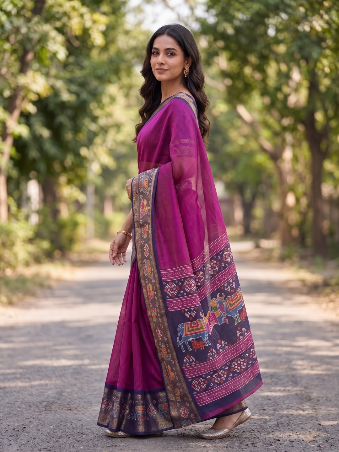 Peachmode Magenta Pure Monroe Silk Saree With Bentex Jacquard And Digital Print Pallu - Image 3