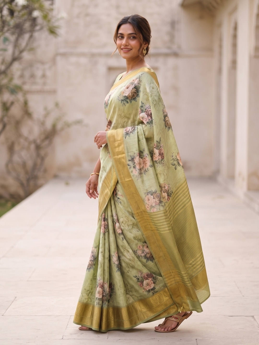 Peachmode Pista Green Pure Katan Silk Saree With Jacquard Weaving Pallu And Digital Floral Print - Image 3