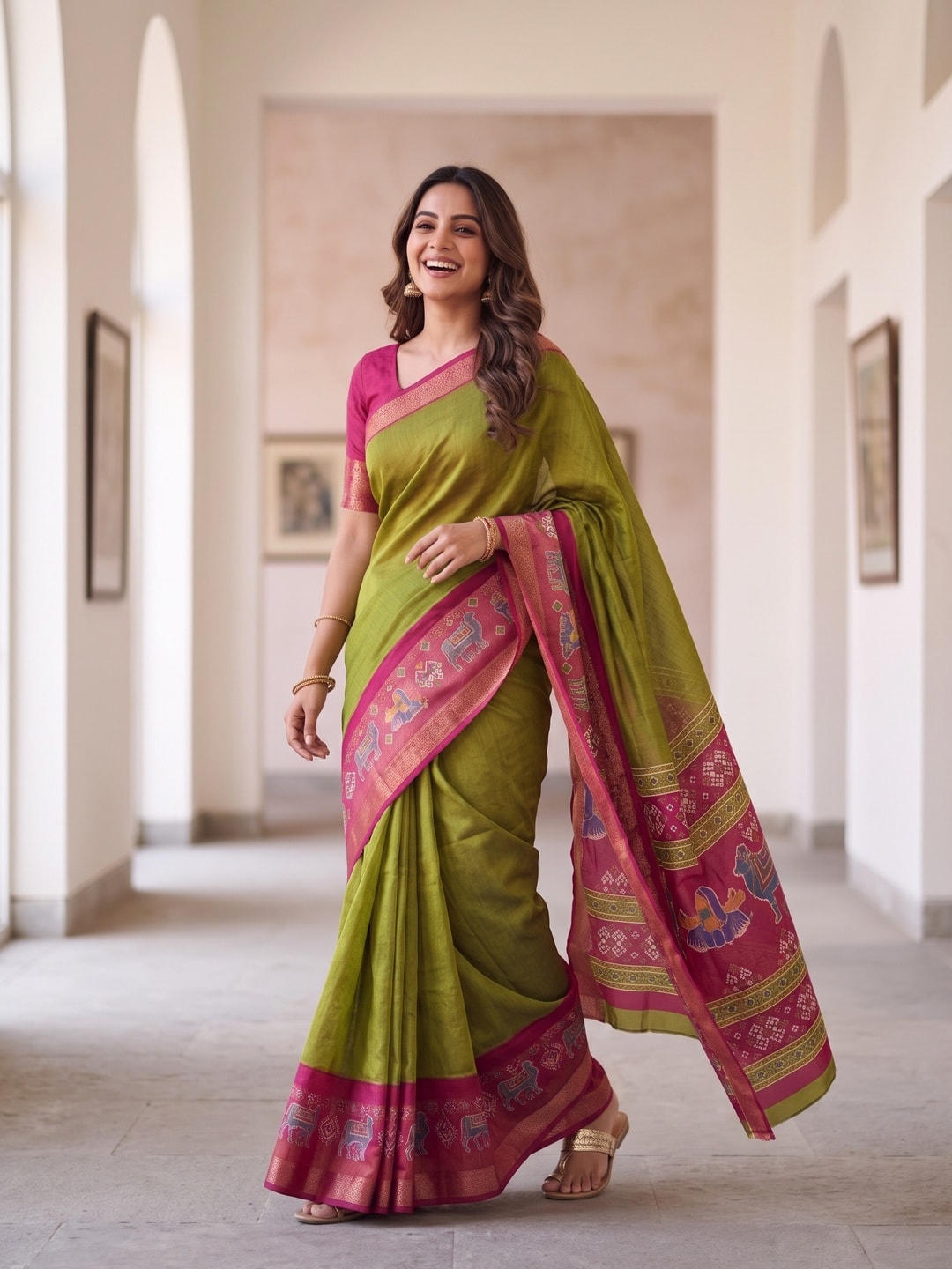 Peachmode Olive Pure Monroe Silk Saree With Bentex Jacquard And Digital Print Pallu - Image 4