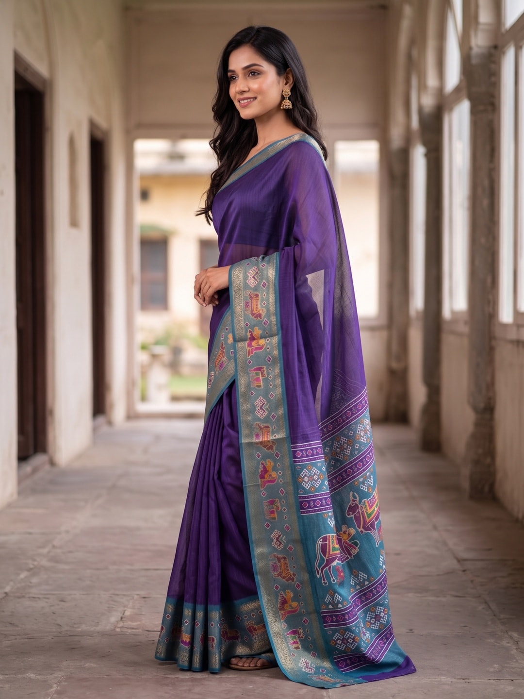 Peachmode Purple Pure Monroe Silk Saree With Bentex Jacquard And Digital Print Pallu - Image 3